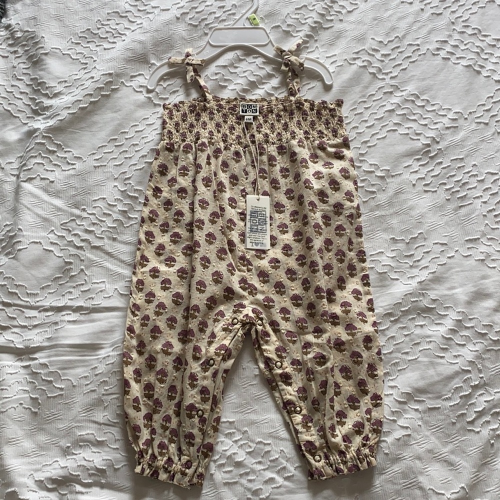Bonton 6 month beige floral romper. NWT.